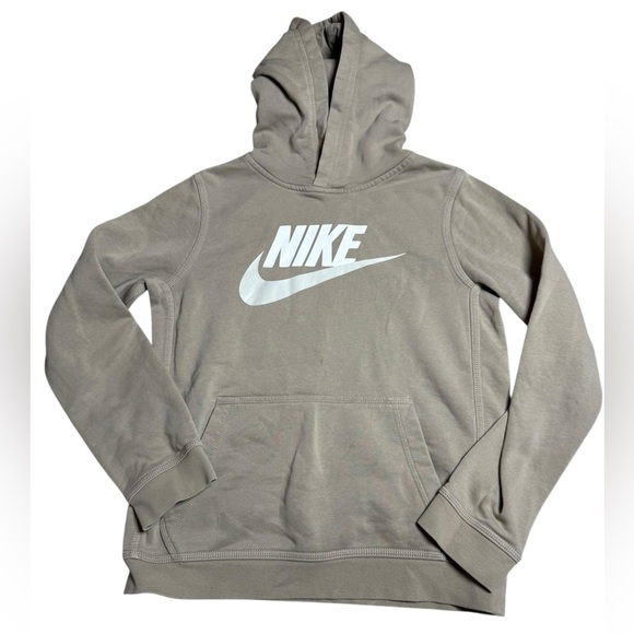 Nike Youth Large Hoodie | Taupe Beige Pullover Sweatshirt with White Logo - Picture 1 of 3